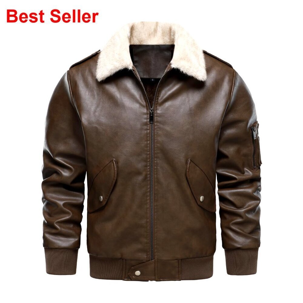 Faux Leather Aviator Bomber Jacket with Fur Collar Fleece Lined